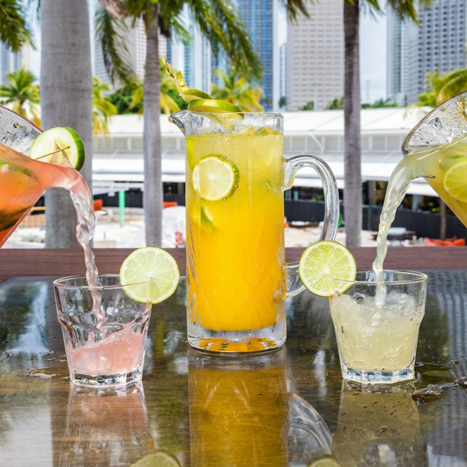 Three colorful citrus drinks are poured from glass pitchers into glasses on a reflective outdoor table, with palm trees and skyscrapers behind.