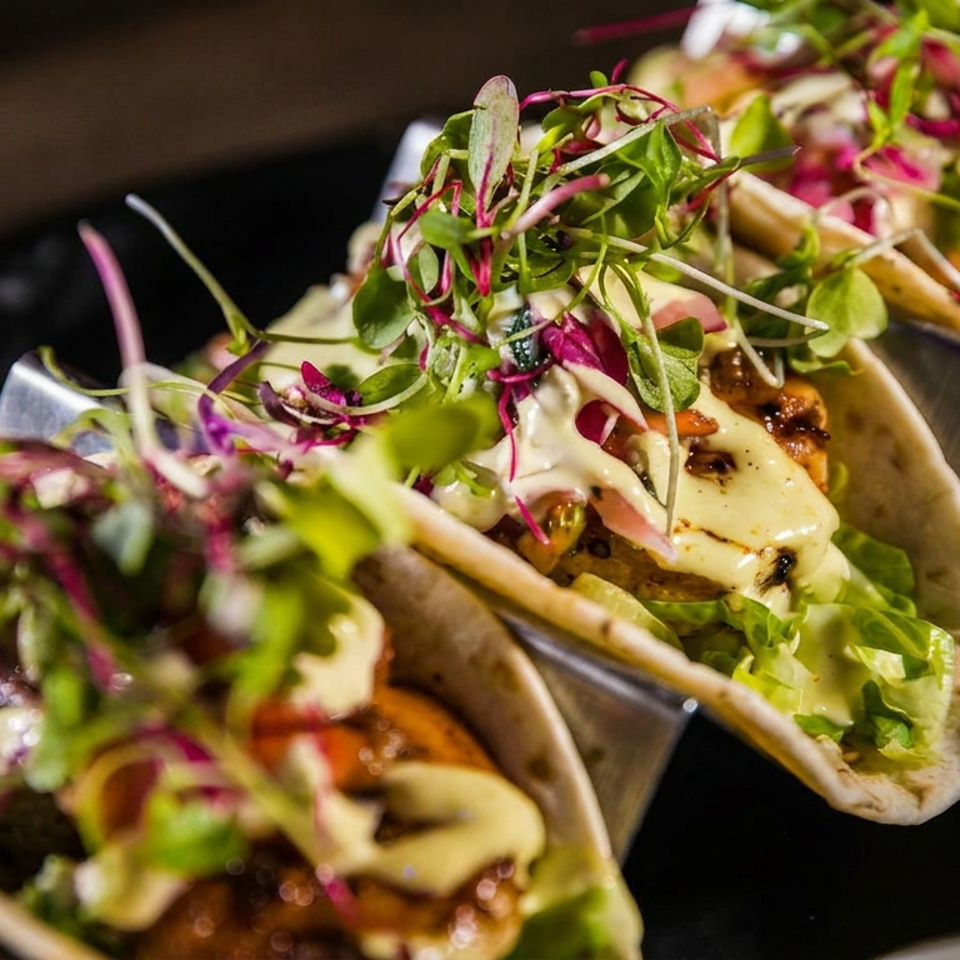 Two soft tacos filled with grilled meat, melted cheese, lettuce, creamy sauce, and colorful microgreens, served with salsa.