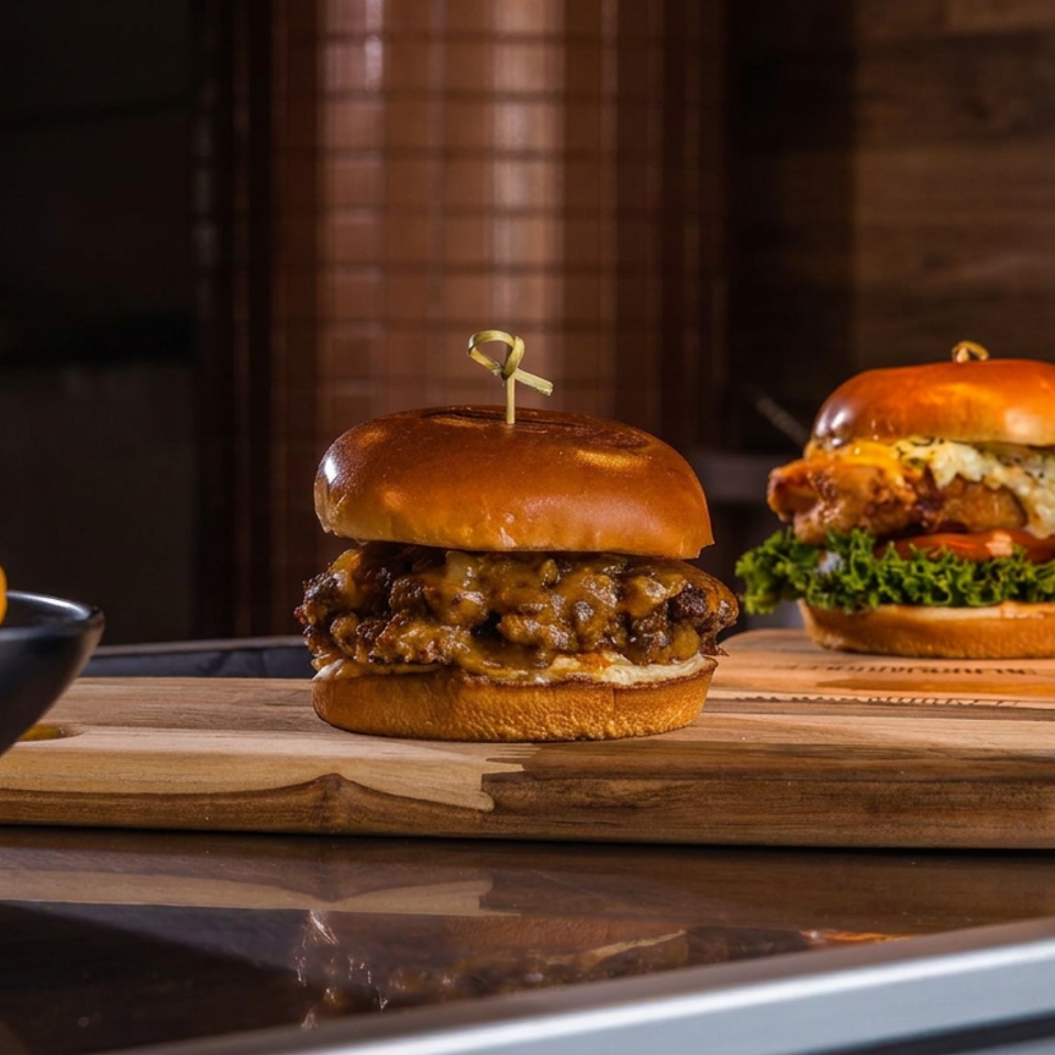 Two gourmet burgers on wooden boards, one topped with mushrooms and cheese, with fries and a side dish in a warmly lit restaurant.