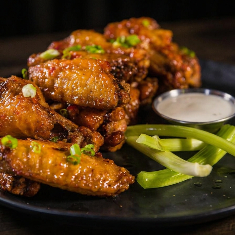 Glazed chicken wings garnished with green onions, served with celery sticks and dipping sauce on a black plate.