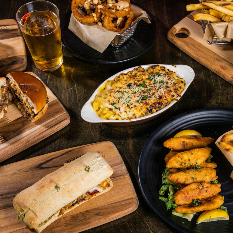 Restaurant spread of burgers, fries, fried rings, macaroni and cheese, a sandwich, and breaded chicken wings on wooden boards.