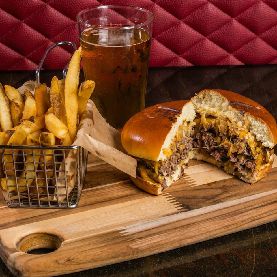 Cheeseburger with caramelized onions, fries in a metal basket, and iced tea on a wooden serving board.