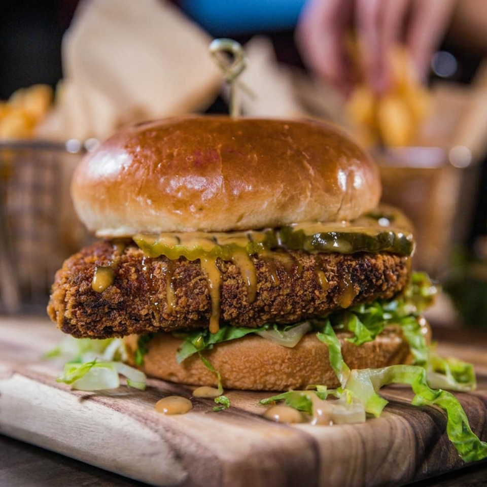 Crispy fried chicken burger with pickles, lettuce, and sauce on a wooden board, with fries and another burger in the background.