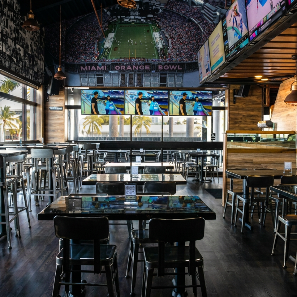 Spacious sports bar with numerous tables, high-top seating, televisions, and a large Miami Orange Bowl mural overlooking the dining area.