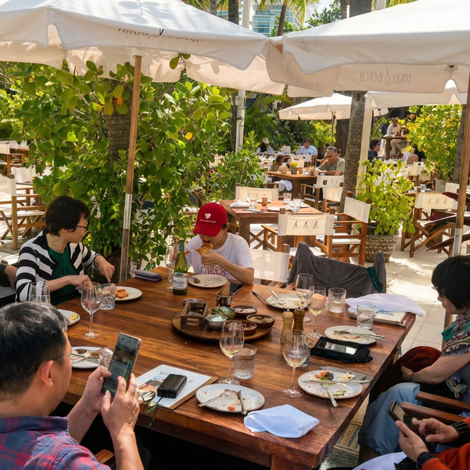 Friends dine outdoors beneath white umbrellas at a lush tropical restaurant, surrounded by greenery, plated food, and wine glasses.