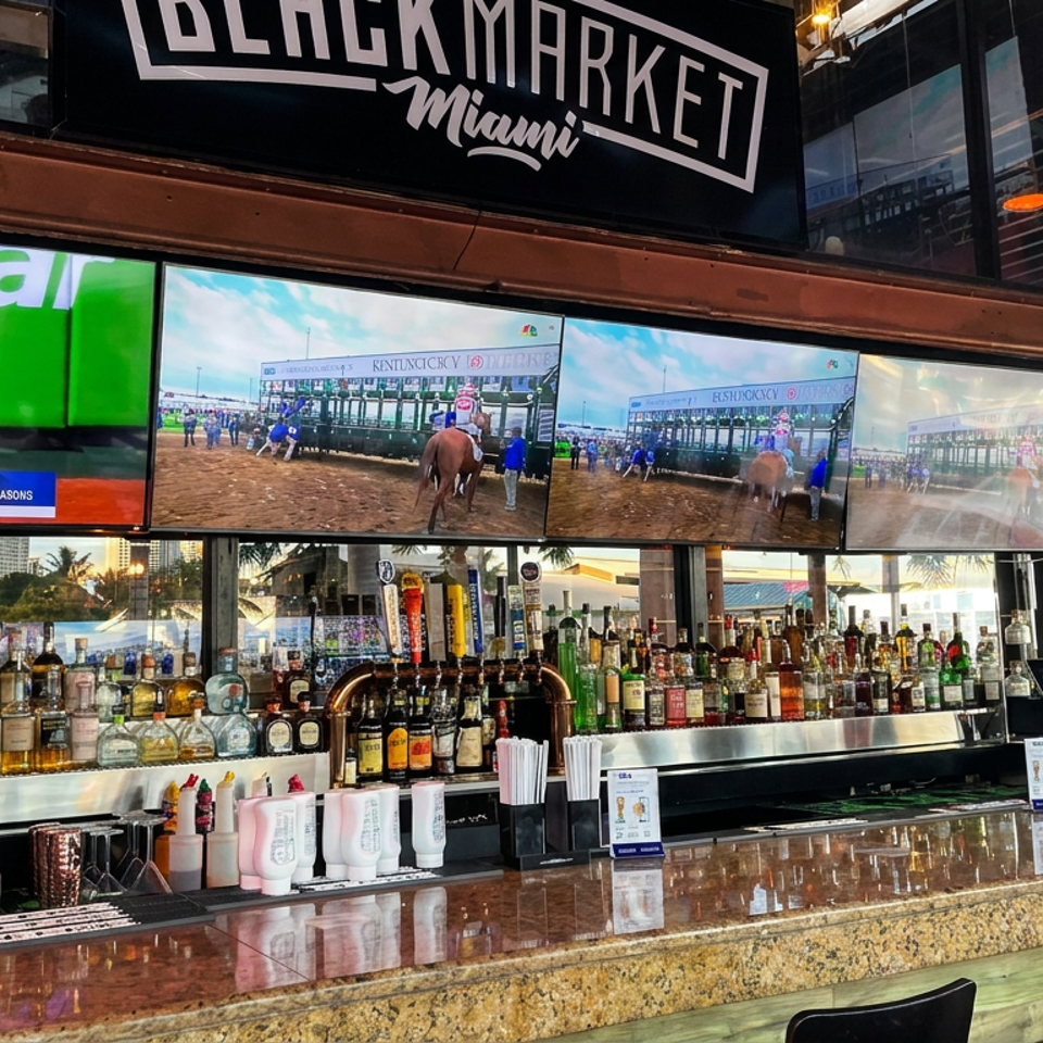 Black Market Miami bar with liquor bottles, polished counter, multiple sports TVs, and waterfront views.