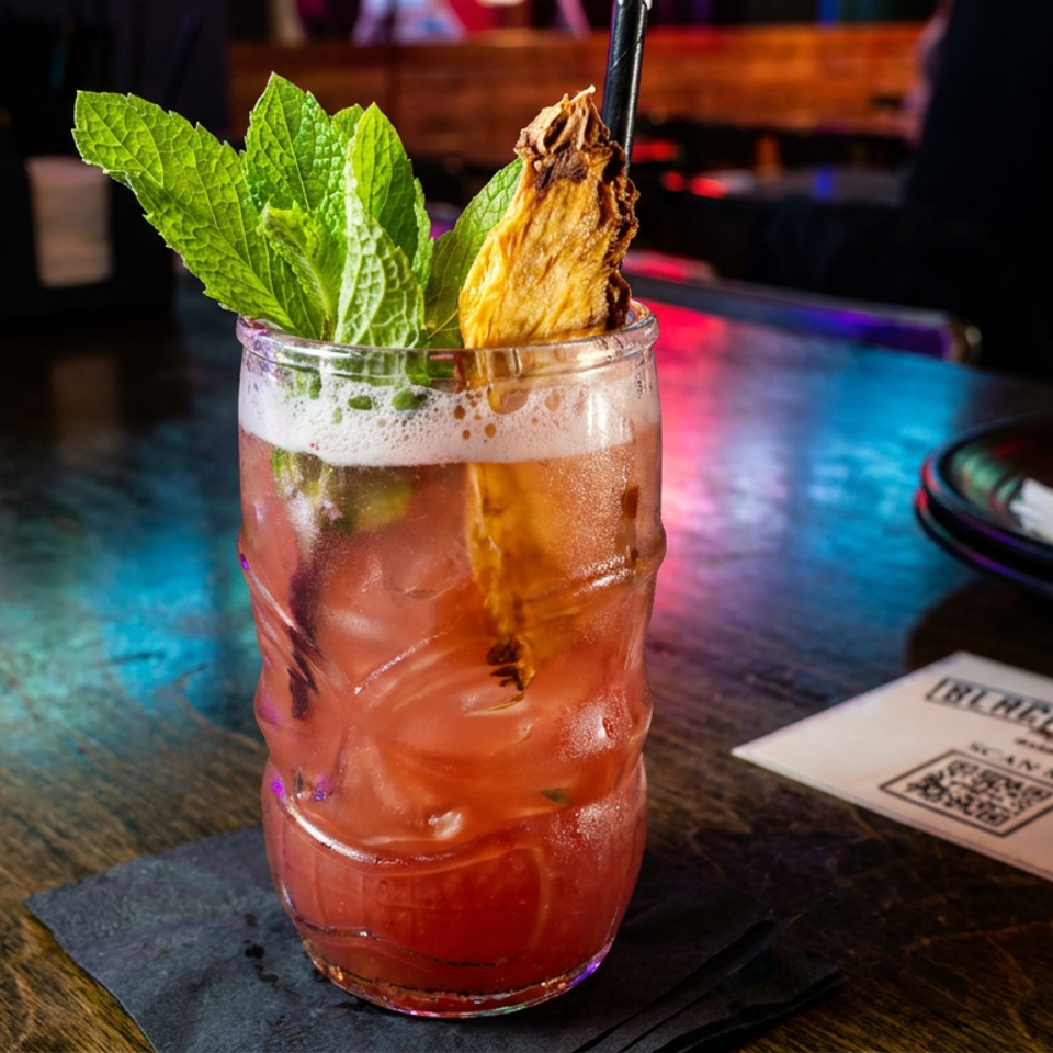 Red iced cocktail garnished with mint leaves and a dried fruit slice, served on a bar table beside utensils and a QR code.