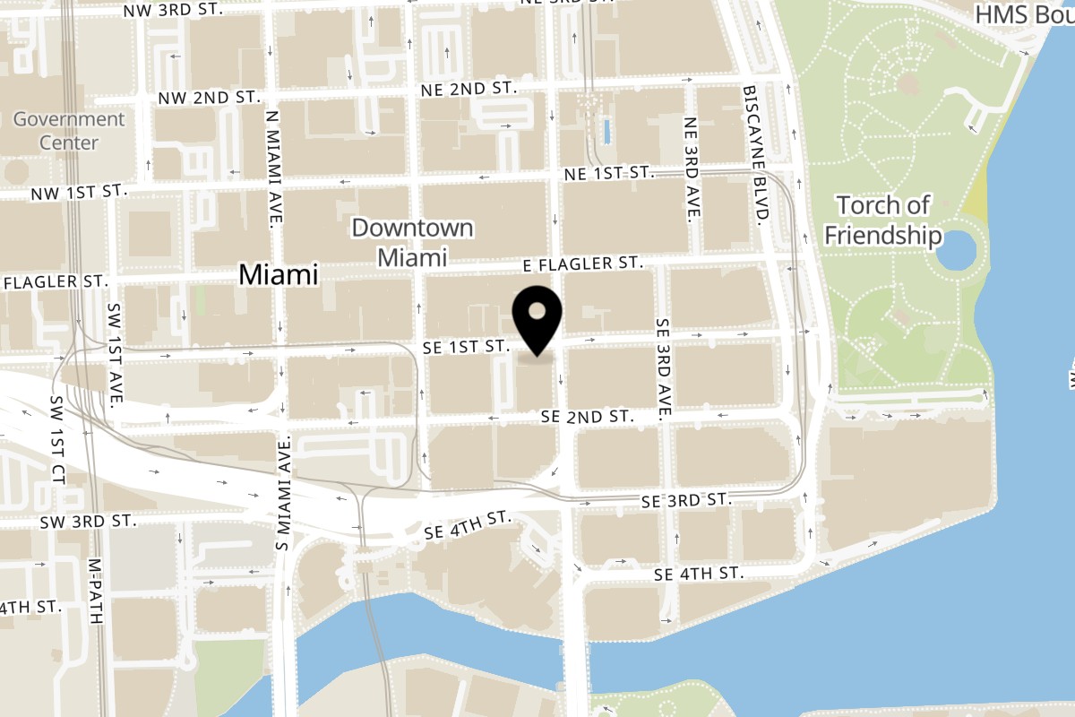 Map showing the location of Black Market Miami Downtown Miami on 168 SE 1st St in Miami