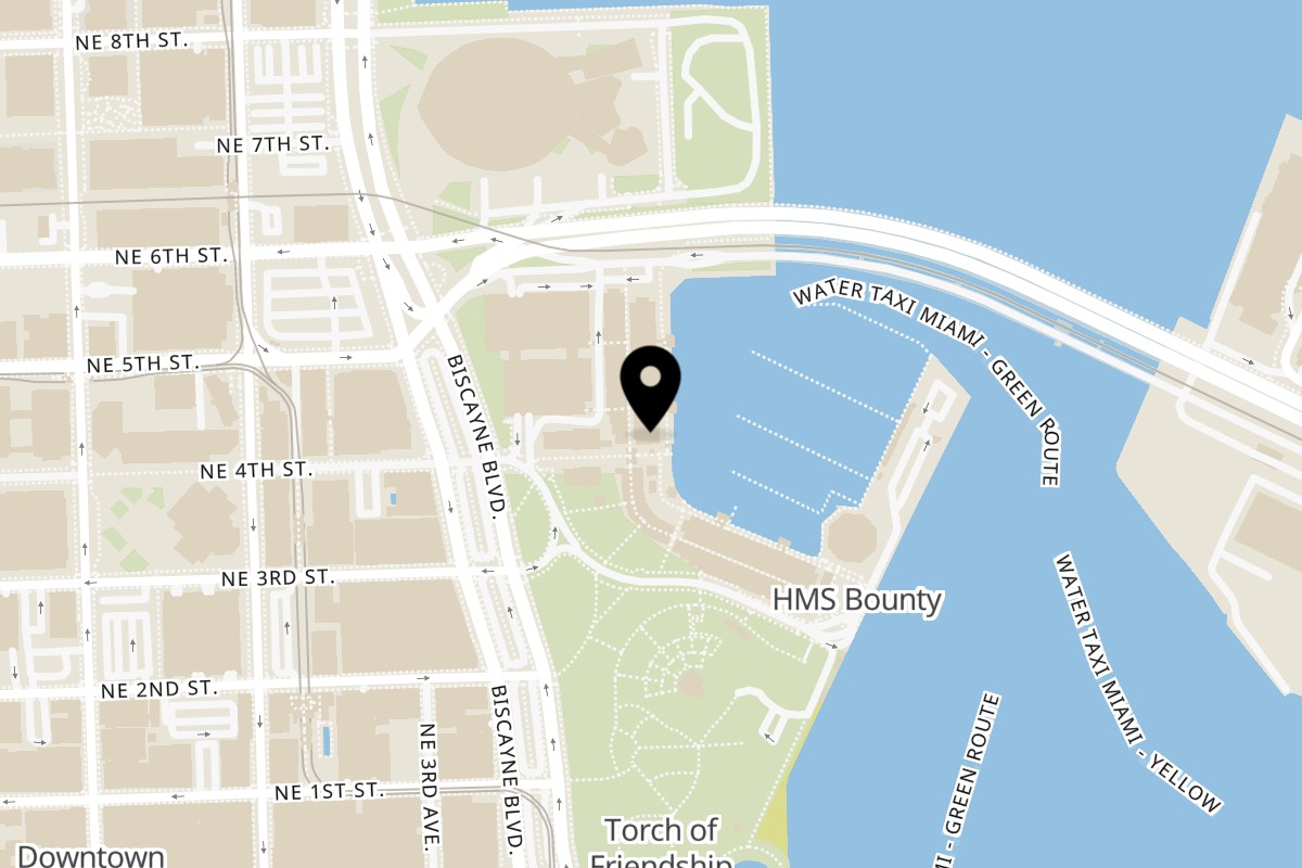 Map showing the location of Black Market Miami Bayside on 401 Biscayne Blvd Unit 225-N in Miami